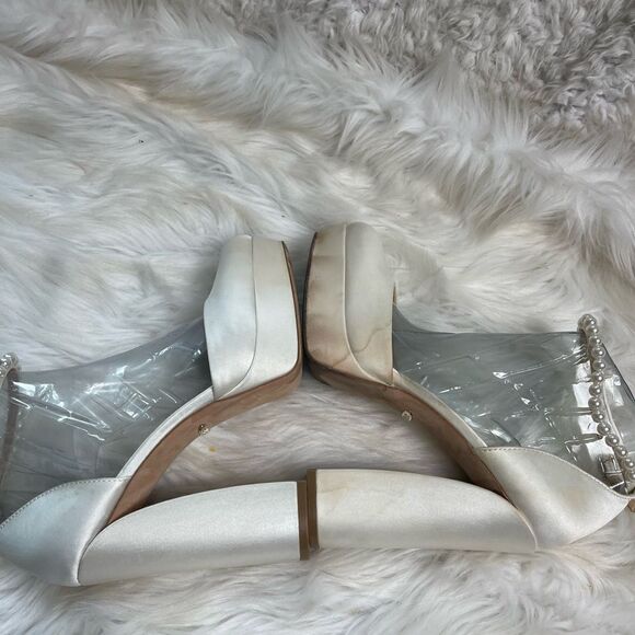 Badgley Mischka Felixa satin fabric white ankle pearl strap platform heels SZ8 - Picture 7 of 13
